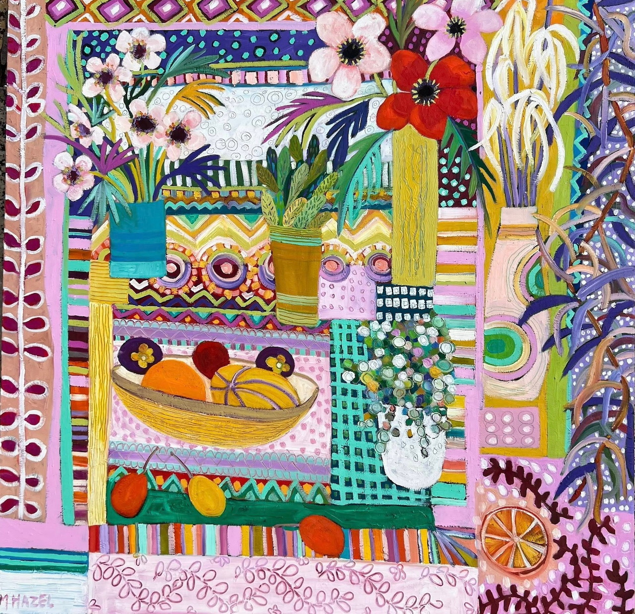 Colorful still life illustration with flowers, fruit bowl, and decorative patterns in vibrant patchwork style