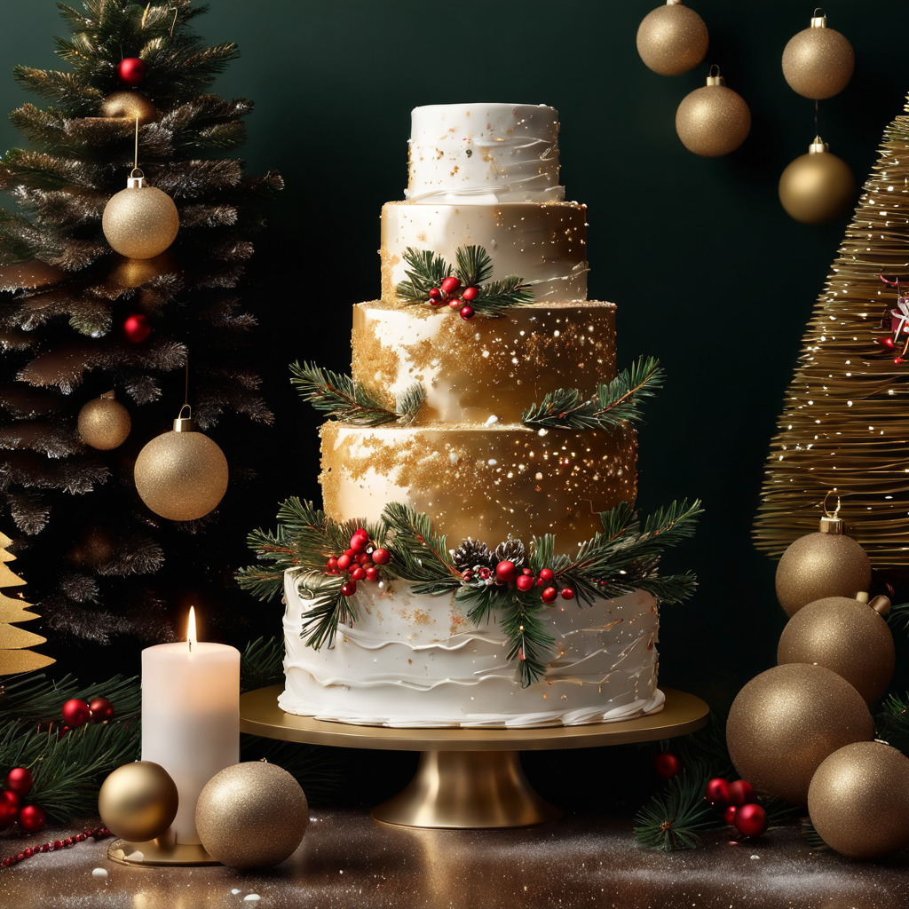 Five-tier white wedding cake with gold accents, pine greenery, and red berries surrounded by Christmas decorations