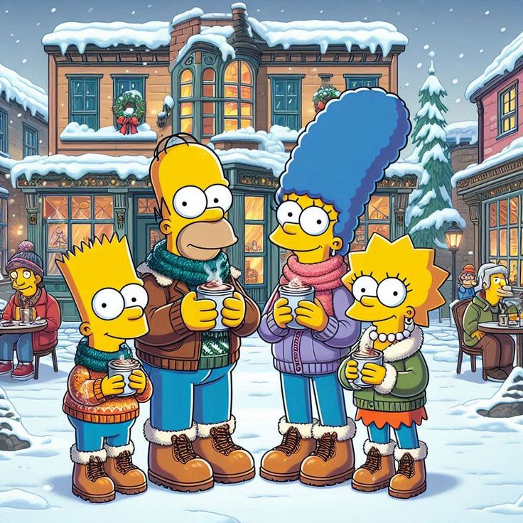 The Simpsons family in winter clothes standing in a snowy Christmas village