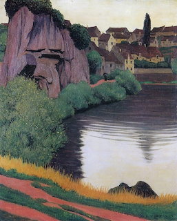Oil painting of a village by a river with rocky cliffs and green vegetation, painted in post-impressionist style
