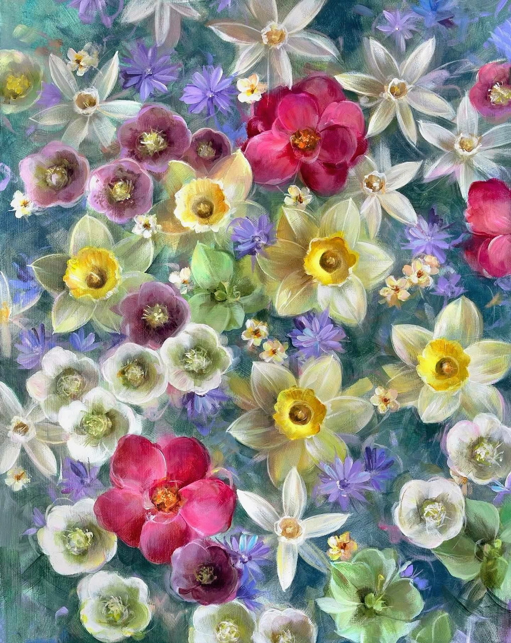 Painting of daffodils, crocus, and assorted spring flowers in soft pastel tones