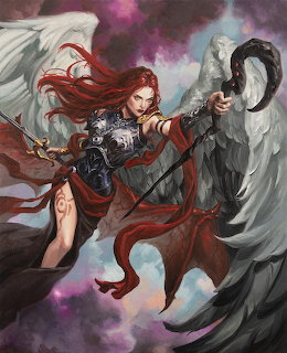 Red-haired warrior woman in armor between white angel and dark demon against purple stormy sky