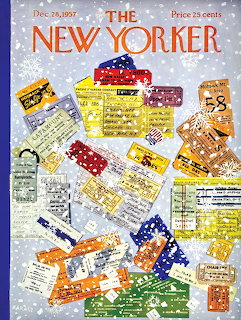 The New Yorker magazine cover with illustrated tickets and cards on snow with falling snowflakes