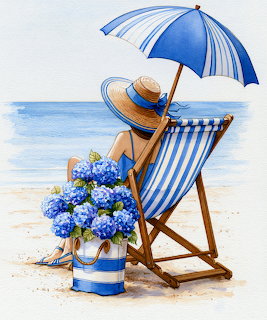 Blue striped beach chair with umbrella, straw hat, and hydrangeas on sandy beach with ocean view