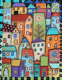 Colorful folk art illustration of whimsical village houses stacked together with trees and flowers