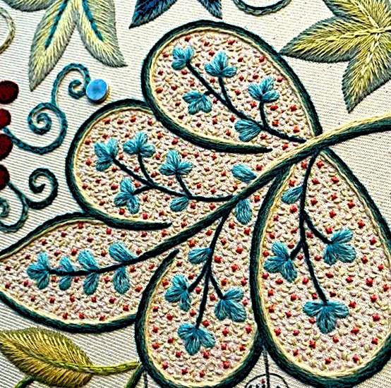 Close-up of embroidered floral pattern with blue flowers and green leaves on textured fabric