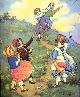 Vintage watercolor illustration showing children on a grassy hill flying kites together on a breezy day