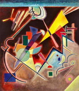 Abstract painting with vibrant geometric shapes and lines on brown background by Kandinsky