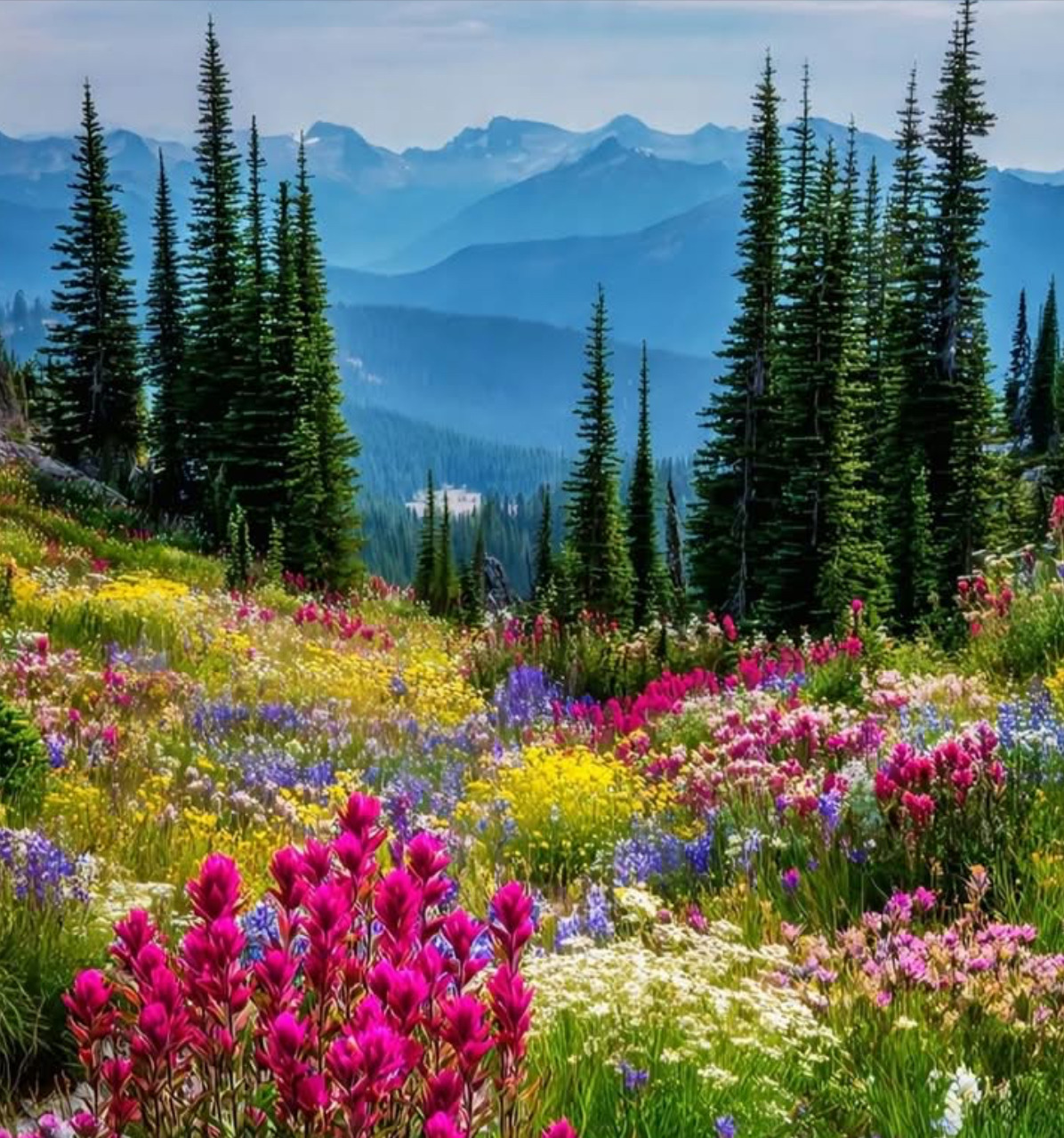 Colorful wildflower meadow with pine trees and blue mountains in the distance