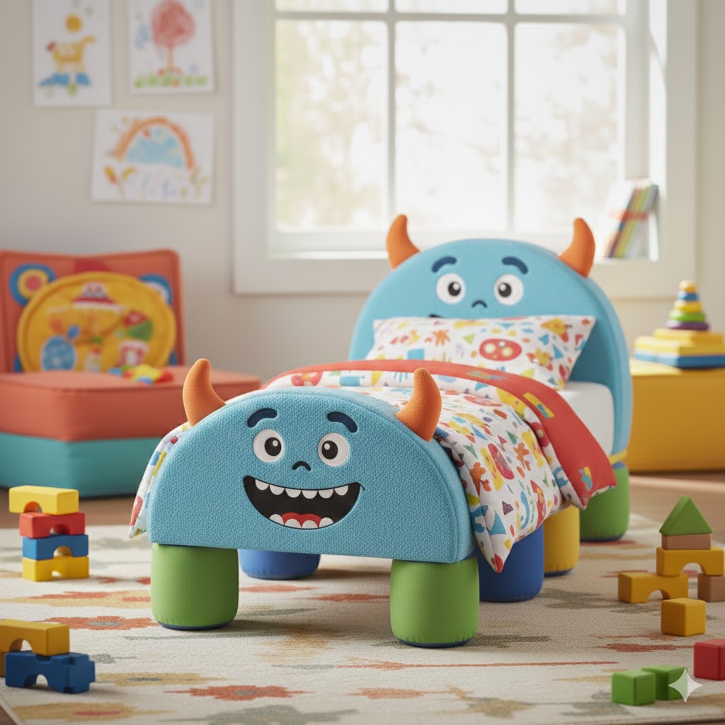 Blue monster bed frame with horns in bright kids bedroom with toys and window