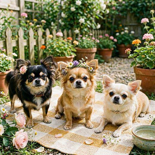 Three chihuahuas with flower crowns sitting on a woven mat in a garden with roses and potted plants