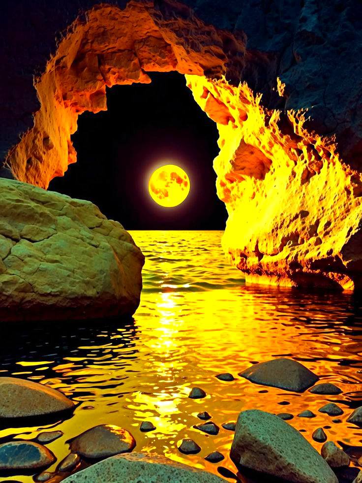 Full moon visible through a rocky cave arch reflecting golden light on calm water with stones in foreground