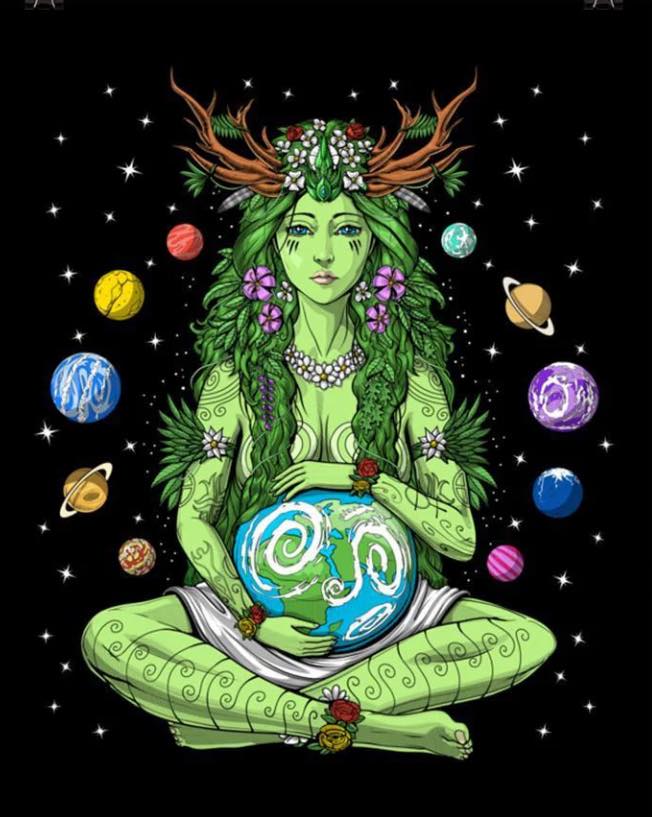 Green goddess figure with antlers holding Earth globe, surrounded by colorful planets on stary black background