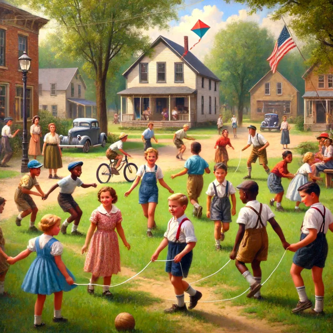 Children playing games and flying kites in a sunny suburban neighborhood with houses and trees