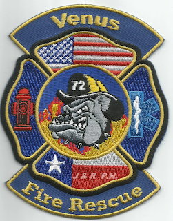 Venus Fire Rescue embroidered patch with bulldog wearing firefighter helmet, American flag, and maltese cross