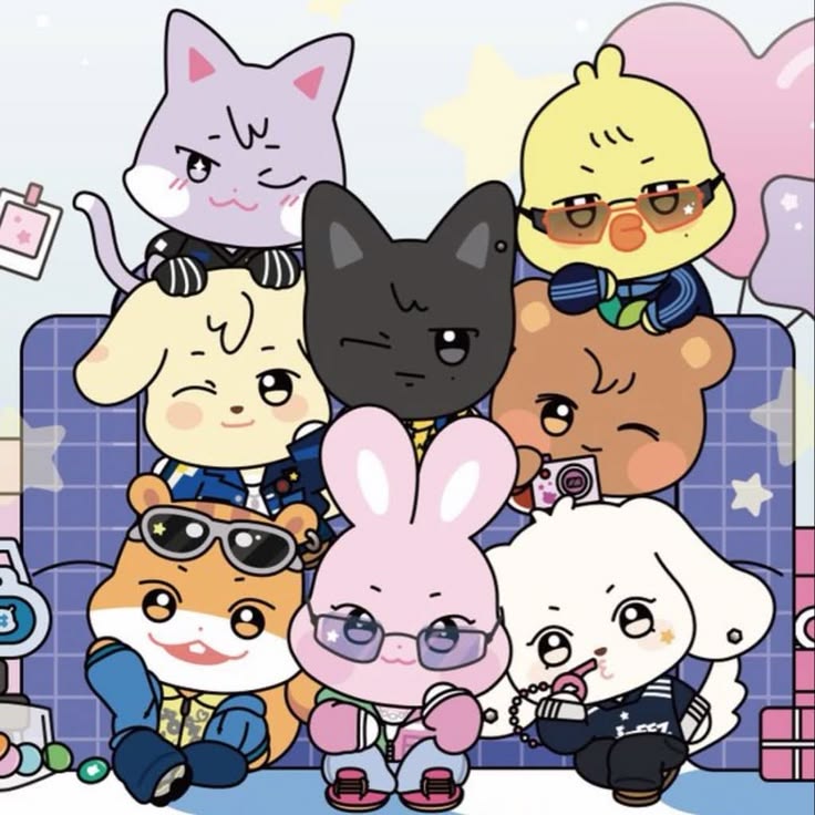 Group of nine cute cartoon animals in different outfits posed together