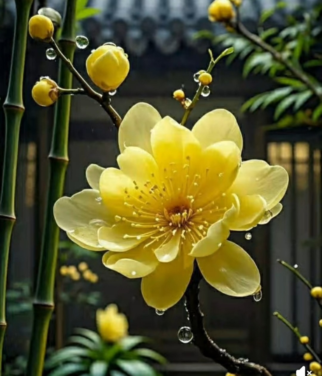 Close-up of a yellow flower with water droplets on petals, bamboo stems and buds in background