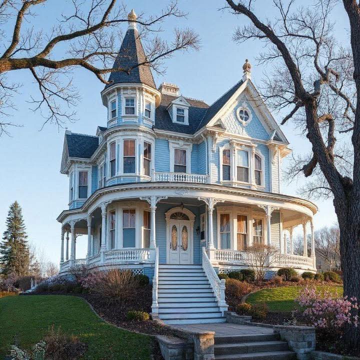 Light blue Victorian house with a turret, wraparound porch, and front steps under bare trees
