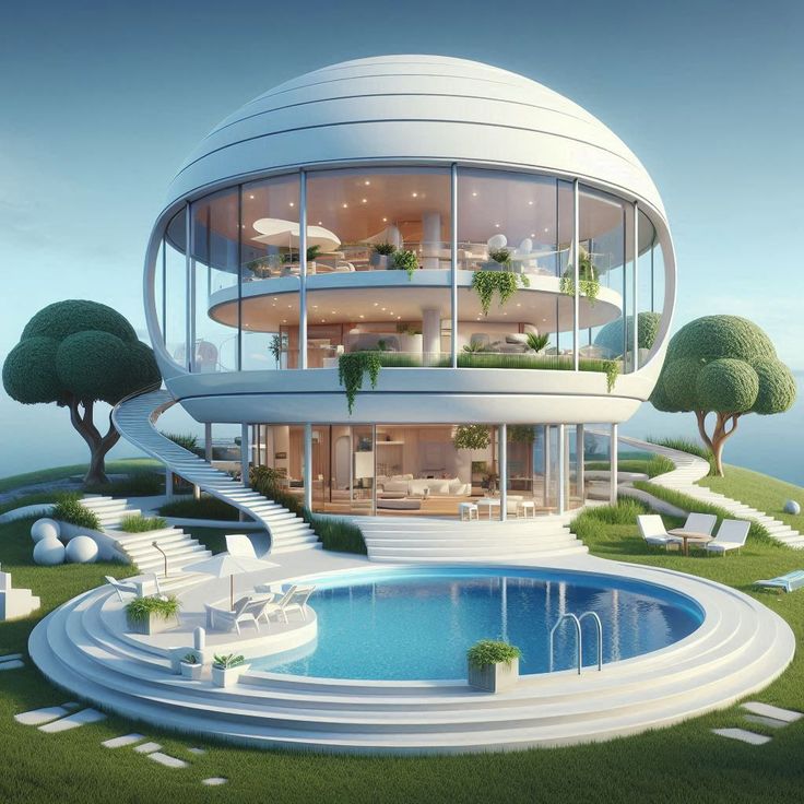 Futuristic white dome house with glass walls and infinity pool by the ocean
