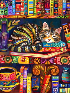 Colorful illustration of a sleeping taby cat curled up on a bookshelf among vibrant books and pottery