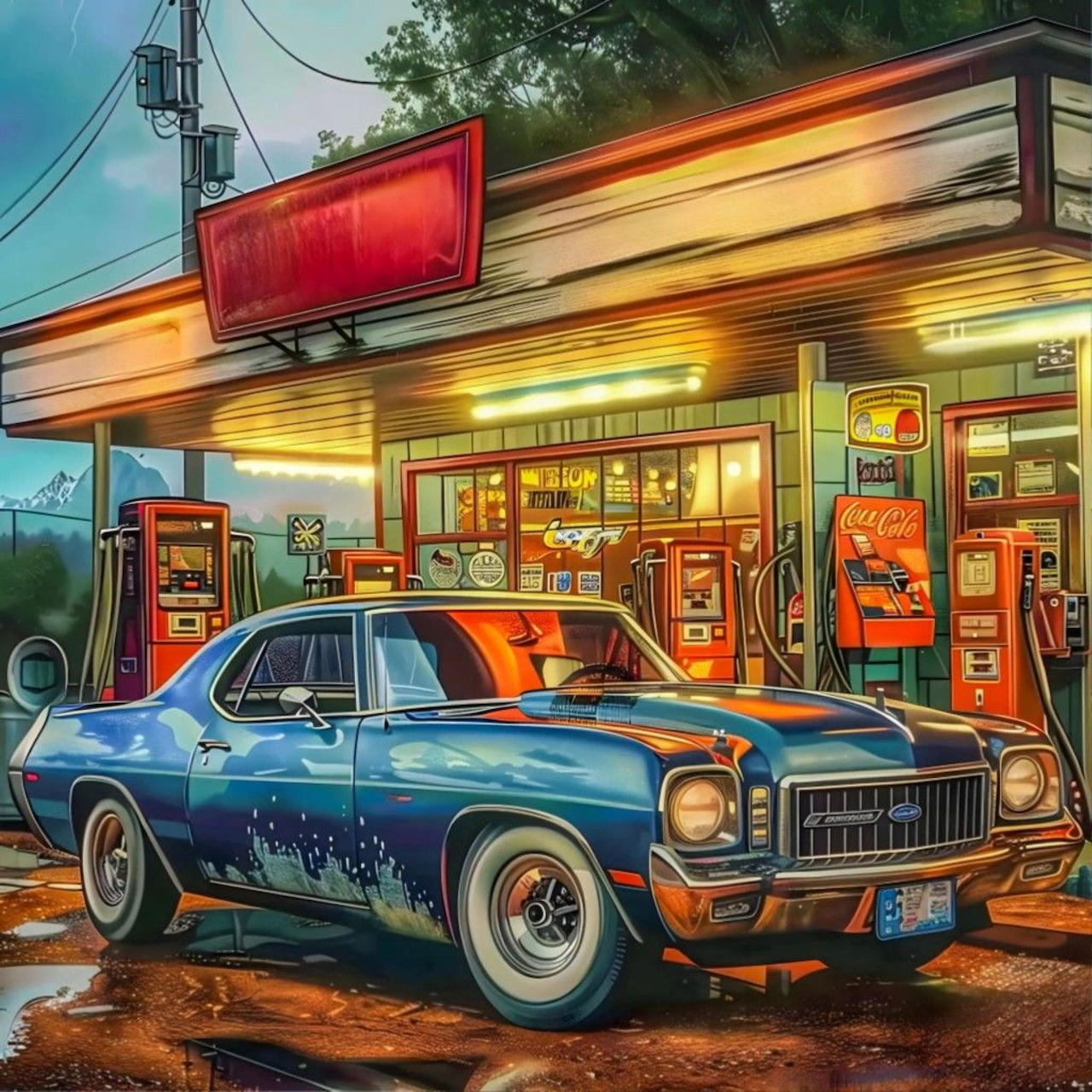 Illustrated vintage blue and orange muscle car at a retro gas station with classic fuel pumps