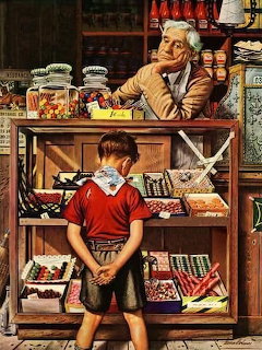 Painting of a boy in red shirt looking at candy counter while elderly shopkeeper watches from behind