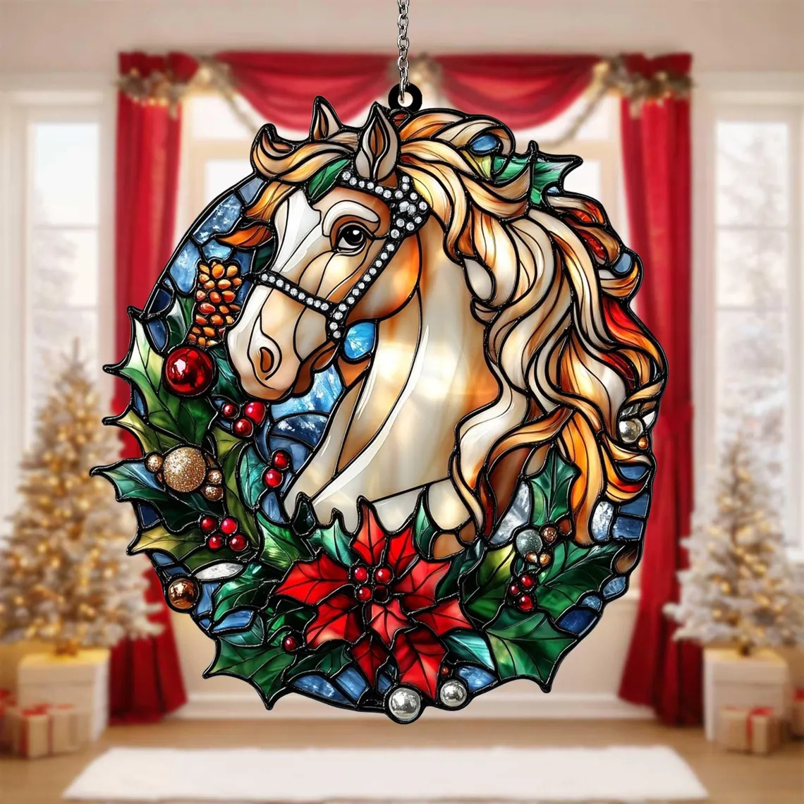 Stained glass style horse head surrounded by Christmas wreath with ornaments and poinsettias