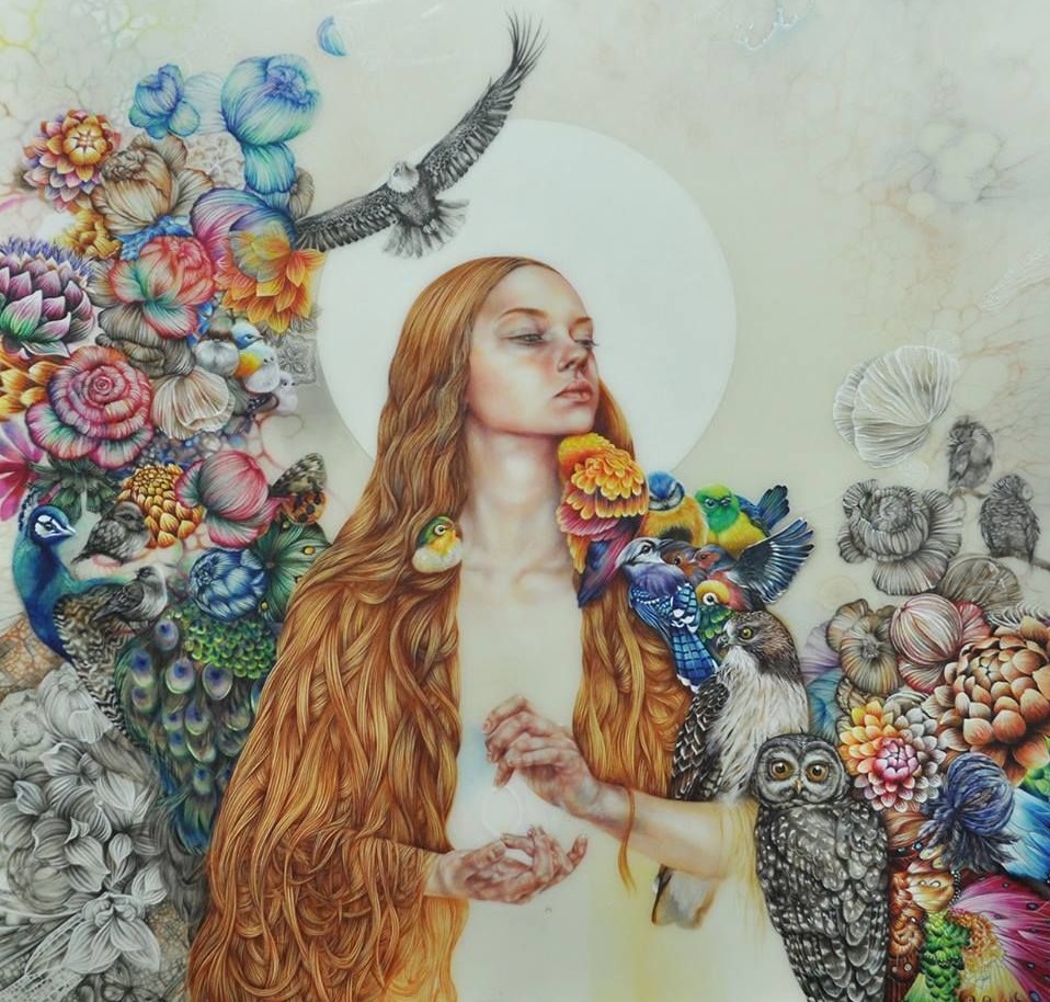 Fantasy painting of a red-haired woman with flowers, birds, and an owl