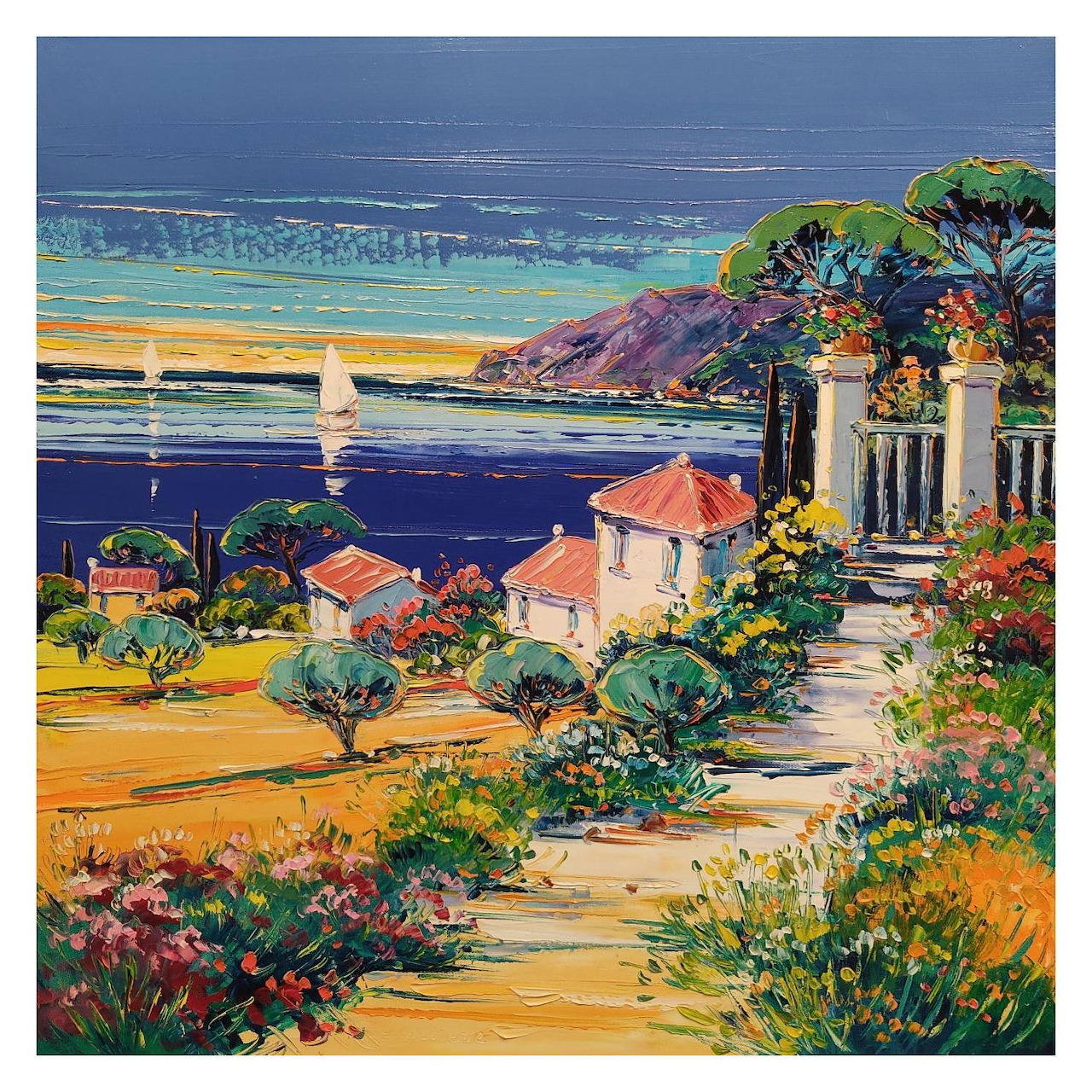 Colorful painting of Mediterranean coastal terrace with flowers, villas, and blue sea