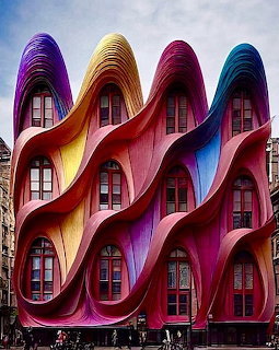 Building with undulating colorful wave facade in purple, yellow, pink, orange, and blue with arched windows