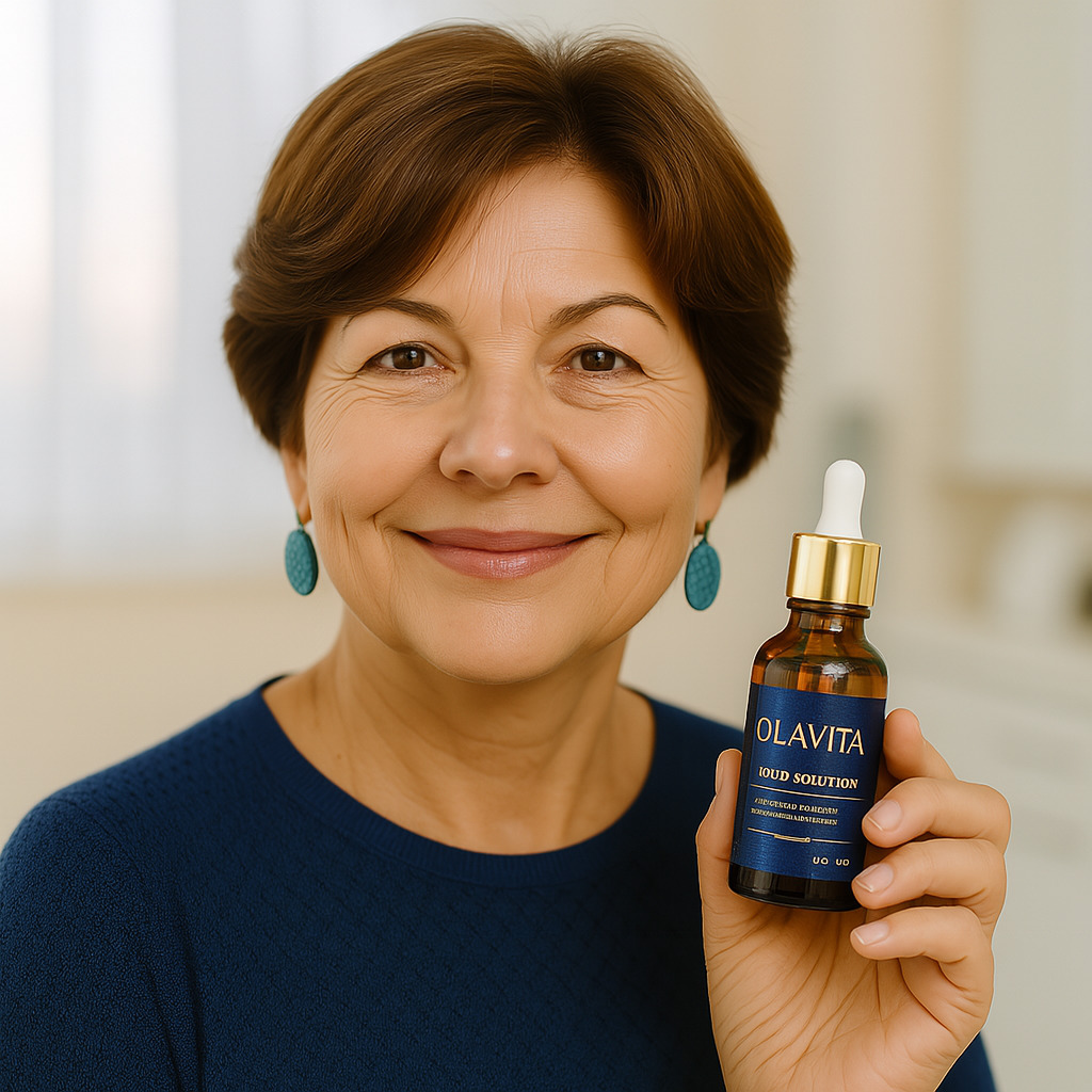 Smiling woman holding a dropper serum bottle in an indoor portrait