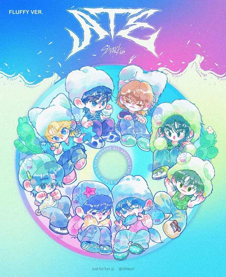 Chibi cartoon characters on a CD disc, Stray Kids ATE Fluffy Ver. album cover illustration
