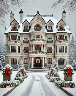 Large white mansion with Christmas wreaths and bows in a snowy winter setting