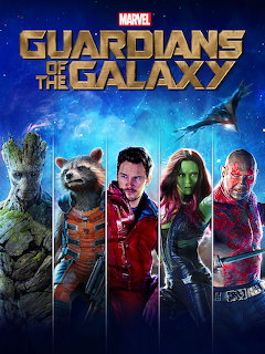 Guardians of the Galaxy movie poster showing five characters in heroic poses against a starry cosmic backdrop