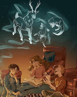 Illustration of three young wizards conjuring glowing patronus animals in a warm dimly lit room