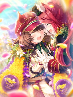 Anime horse girl character with pink and brown hair in ornate outfit holding bouquets surrounded by petals