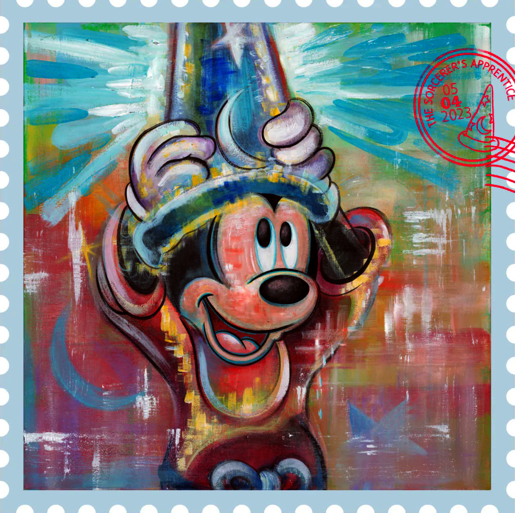 Colorful painting of Mickey Mouse inside a stamp-style border with a red postmark