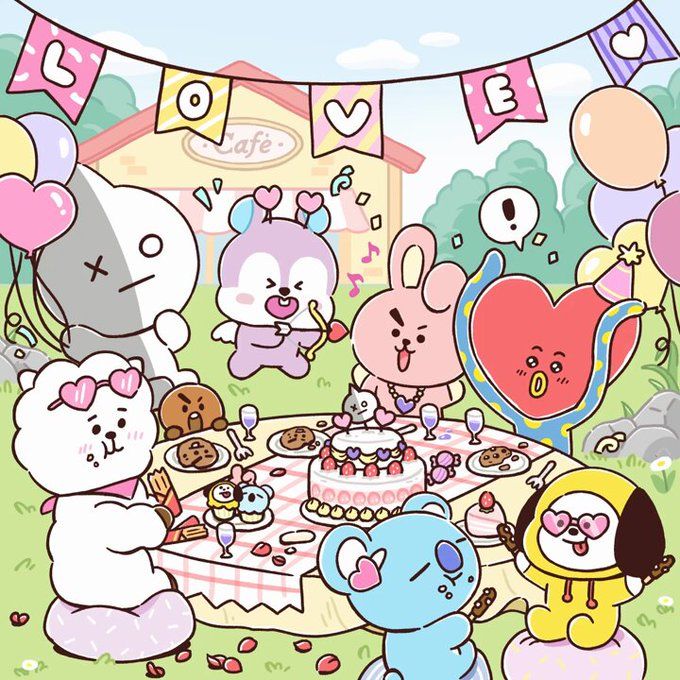 BT21 cartoon characters having a picnic party with cakes and balloons in a meadow