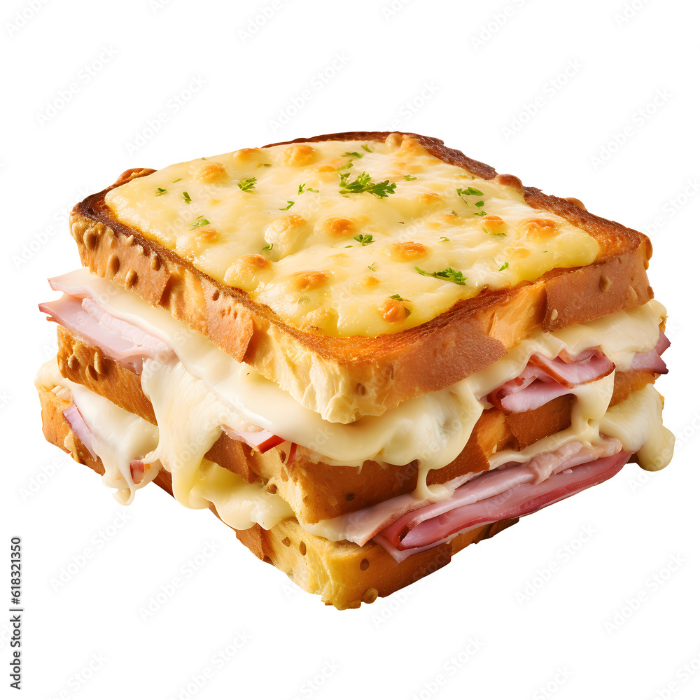 Stacked croque monsieur sandwich with melted cheese, ham, and toasted bread