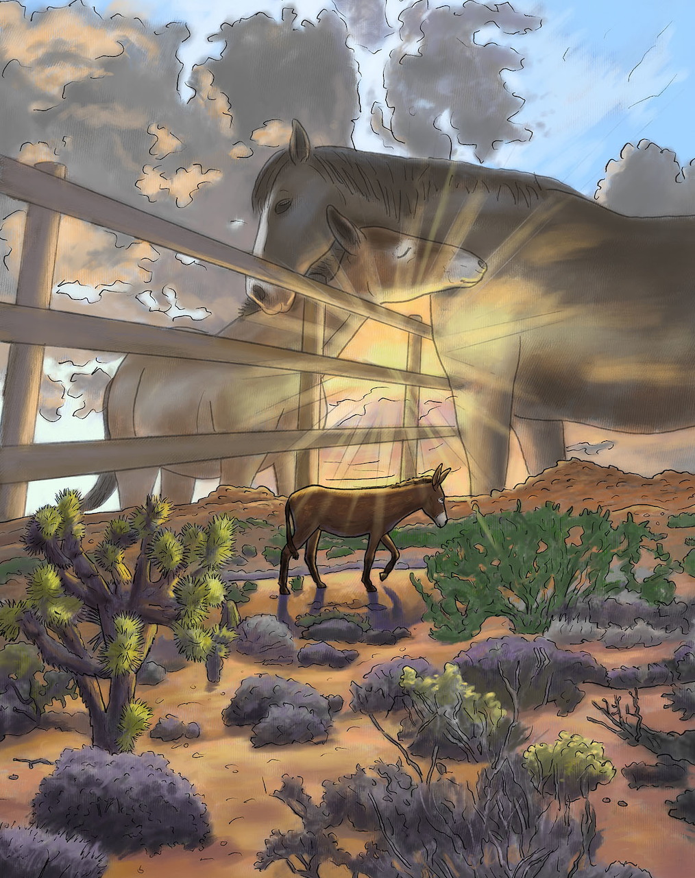 Giant elephant looming over desert scene with people and cacti in fantasy illustration