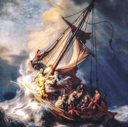 Painting of a sailboat in a violent storm with several people aboard under dark clouds
