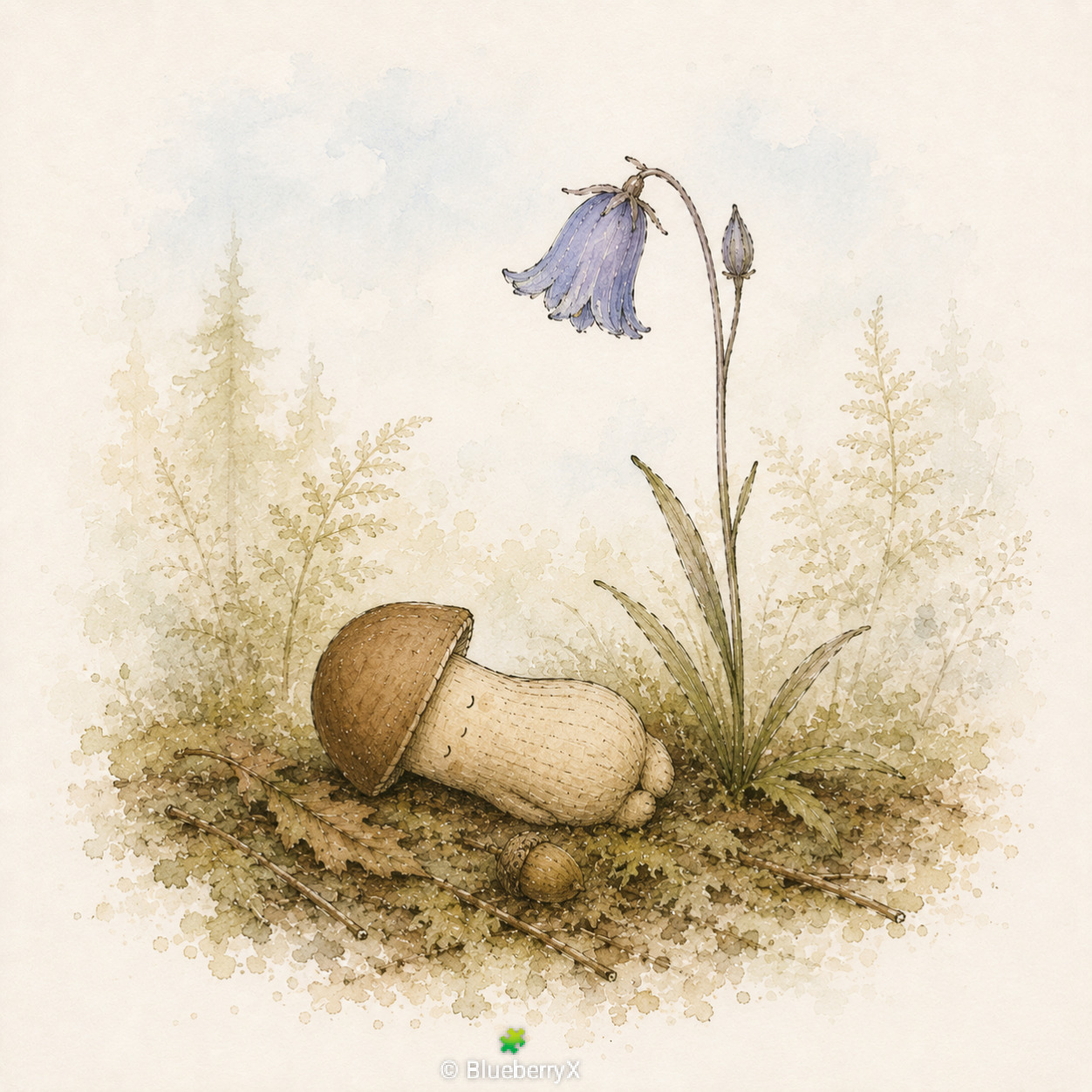 Watercolor painting of a mushroom and bluebell growing on a mossy forest floor