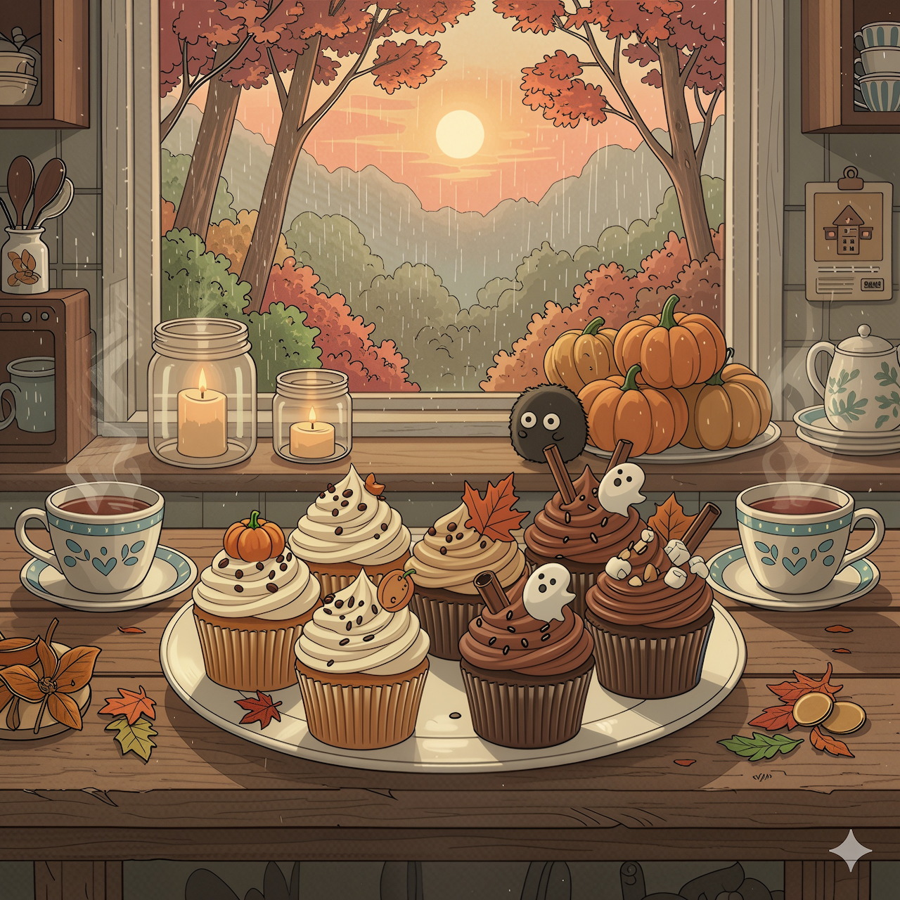 Halloween cupcakes with ghost toppers on table with autumn window view and pumpkins
