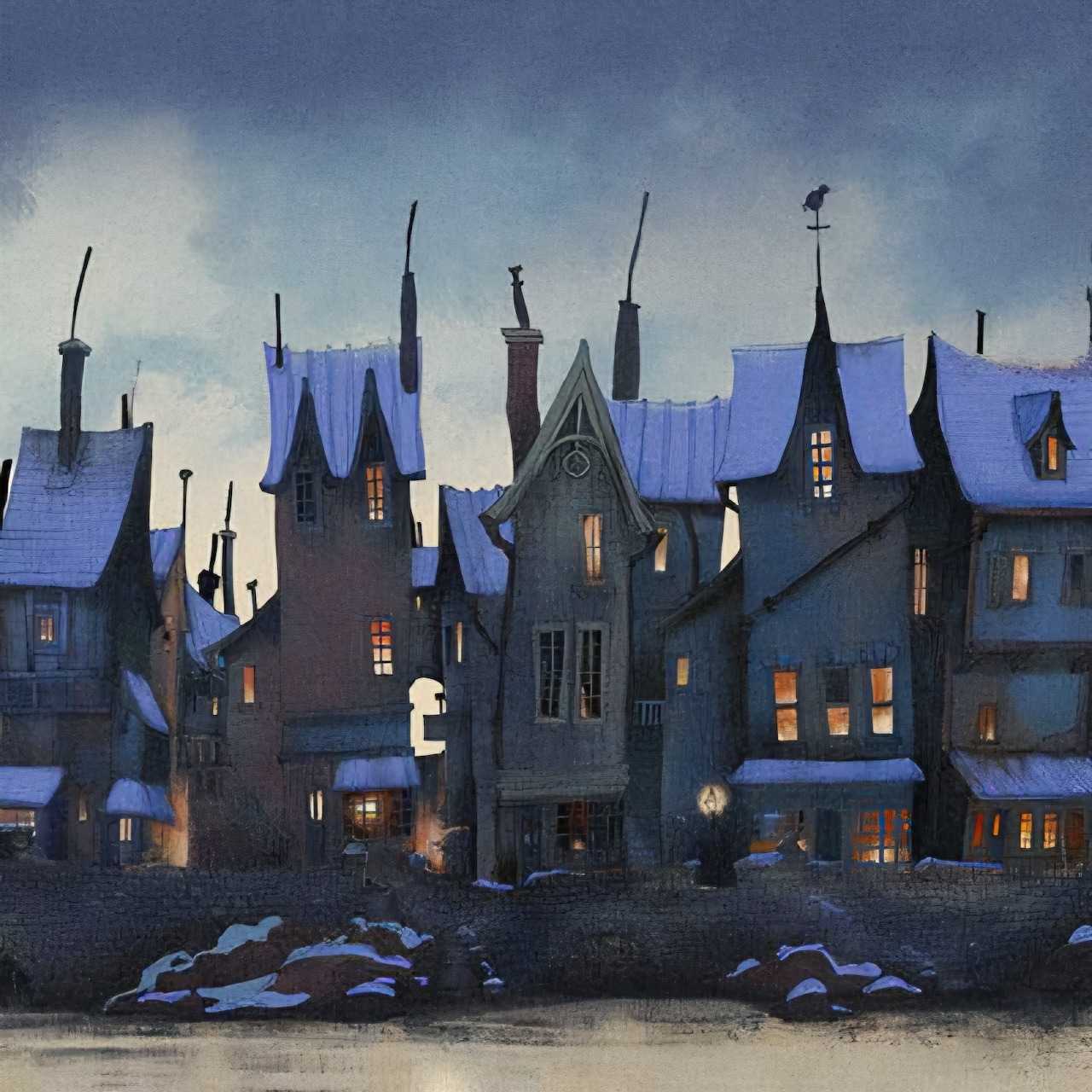 Dark blue painted village houses with lit windows beneath a cloudy sky
