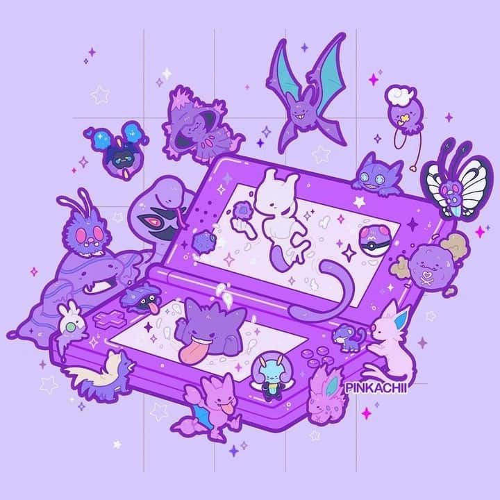 Collection of purple Pokemon characters in isometric layout on lavender background