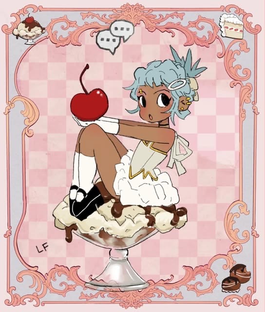Anime girl with blue hair in white dessert dress holding cherry, framed by pink decorative border with cake motifs