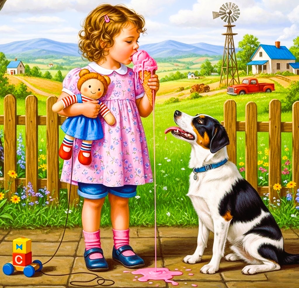 Young girl with doll and ice cream standing next to black and white dog on farm deck with rural landscape background