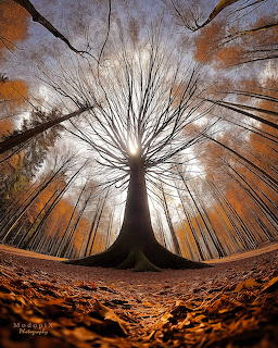 Upward fisheye view of a tall tree with radiating branches against cloudy sky, autumn forest floor visible