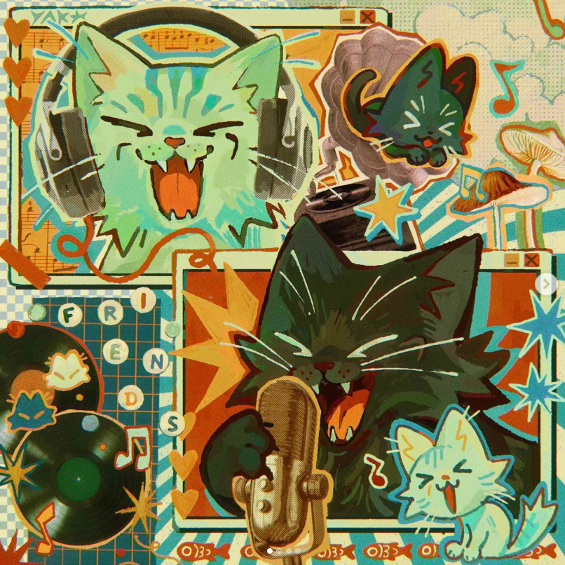 Colorful digital art collage of stylized cats with geometric patterns in orange, teal, and brown tones