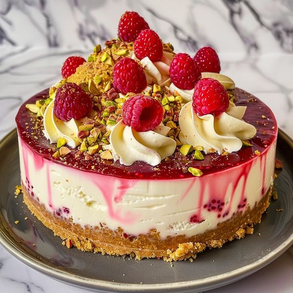 Layered raspberry cheesecake with cream rosettes, fresh raspberries, and pistachio crumbles on marble background